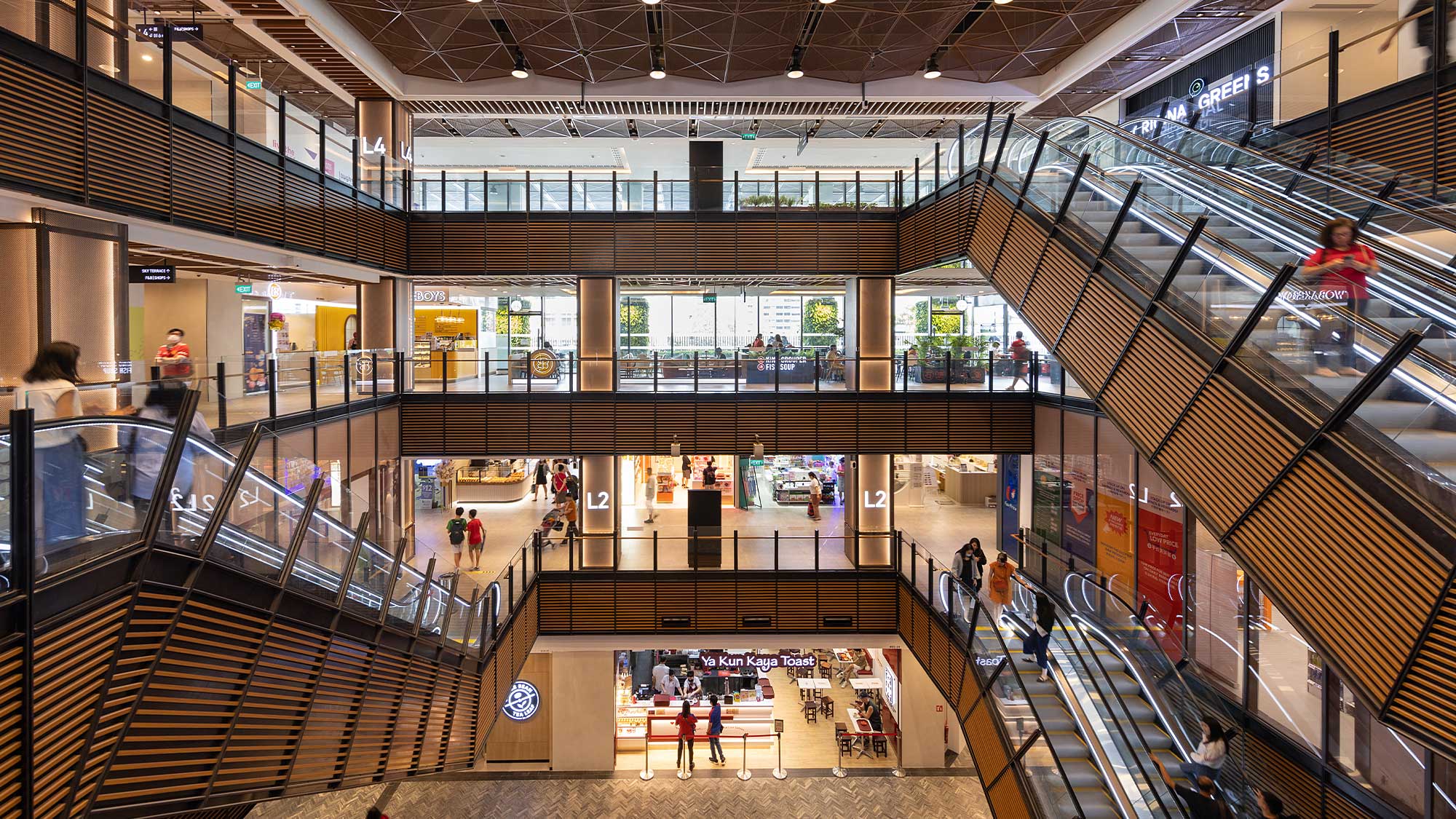 A high angle view of a shopping mall.