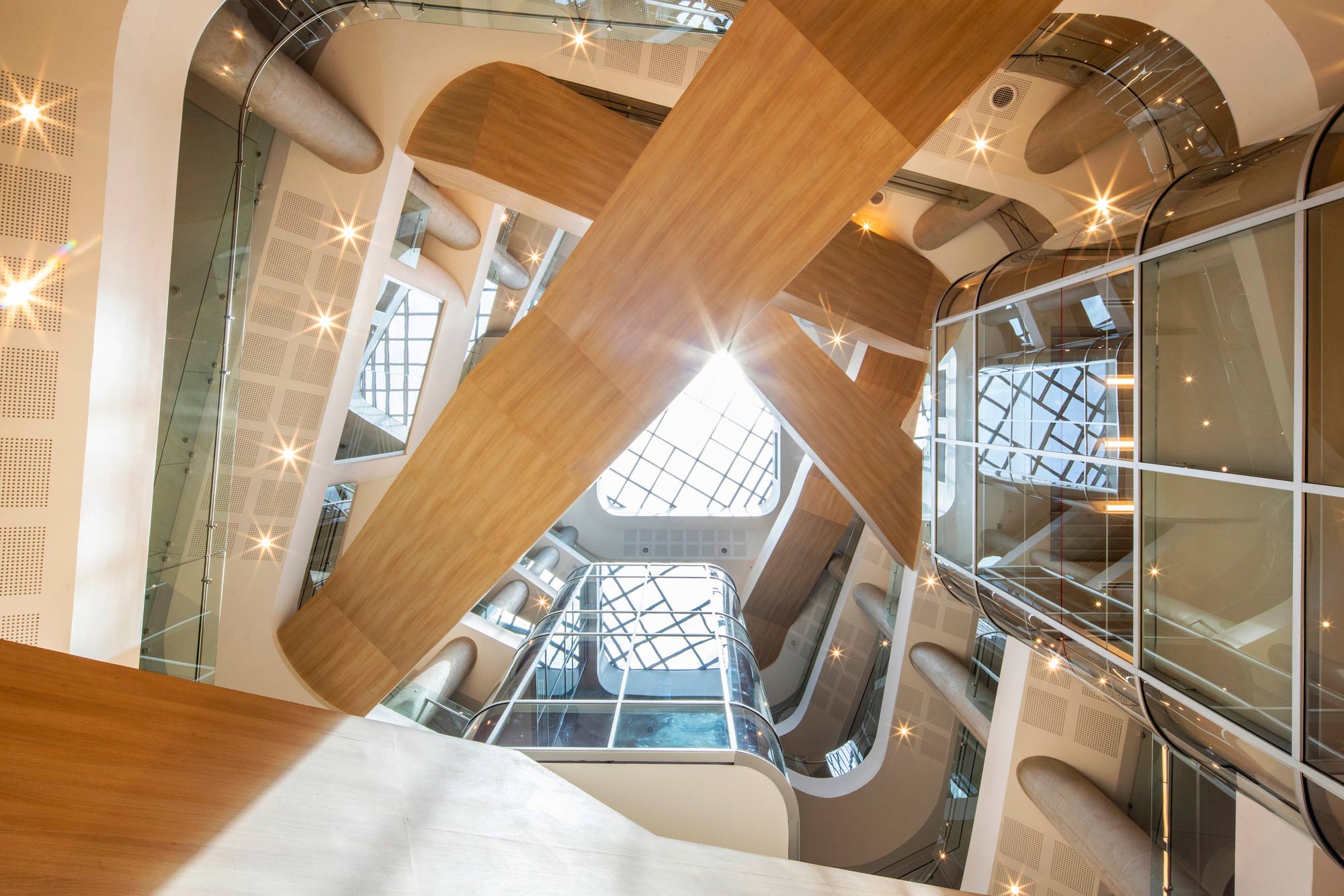 A spiral staircase in a building.