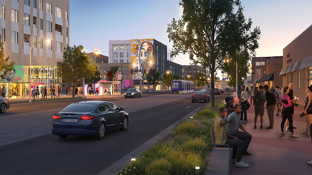 A busy street with people and cars.