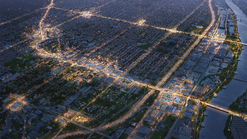 A city with lights at night.