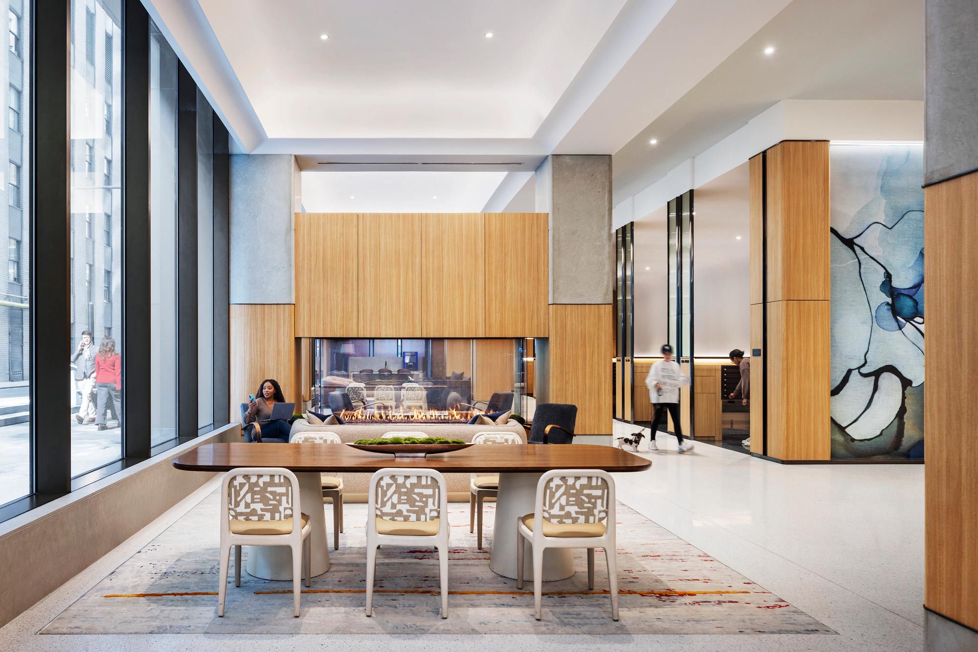 A room with a table and chairs.