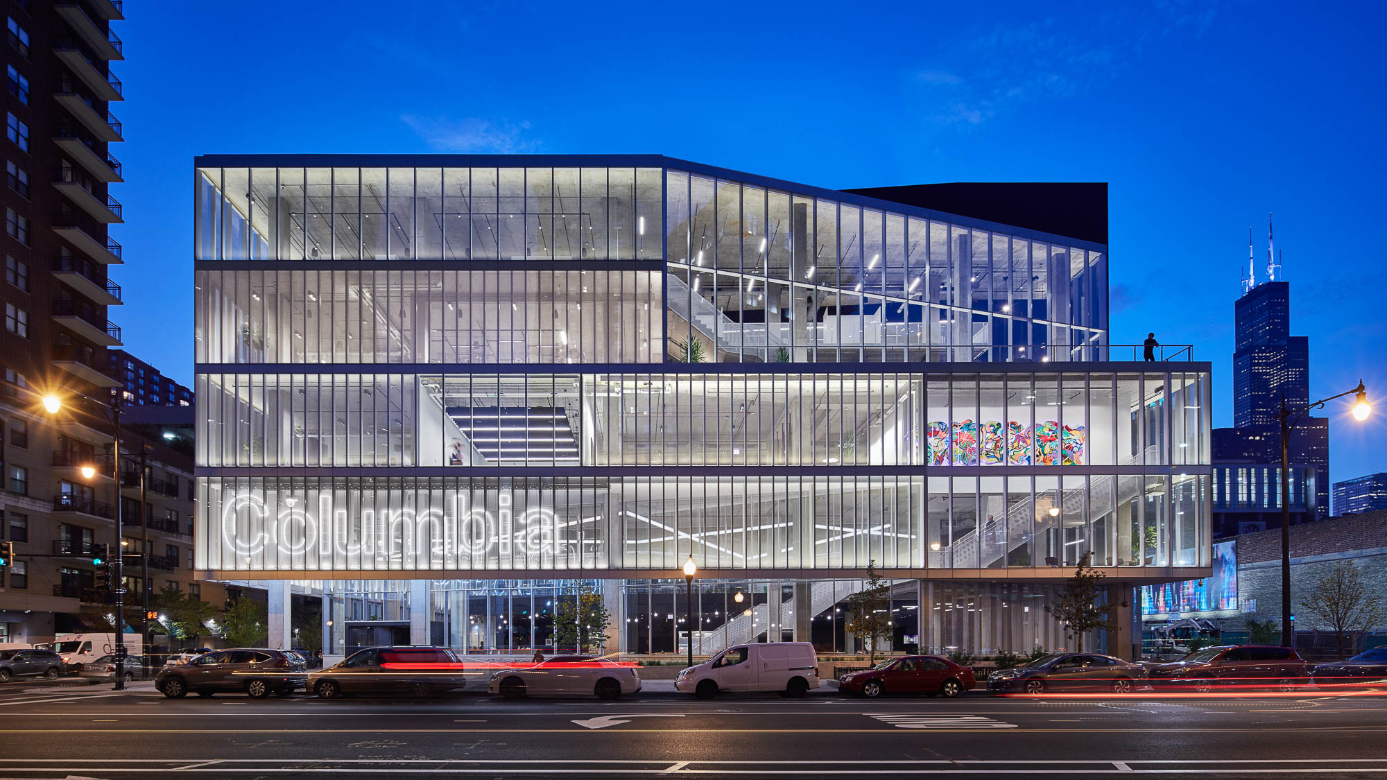 Columbia College Chicago Student Center exterior at night