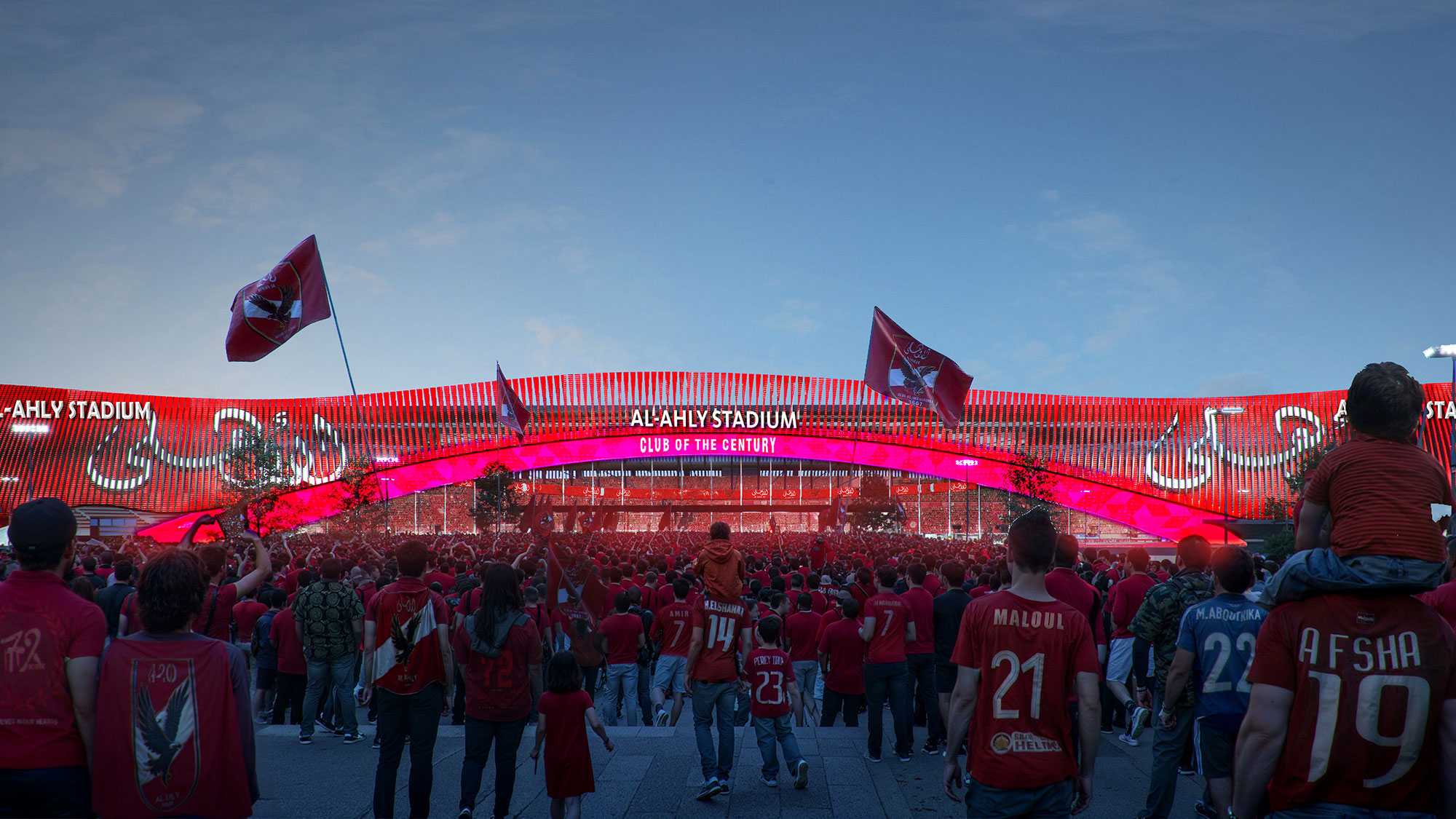 A group of people in a stadium.