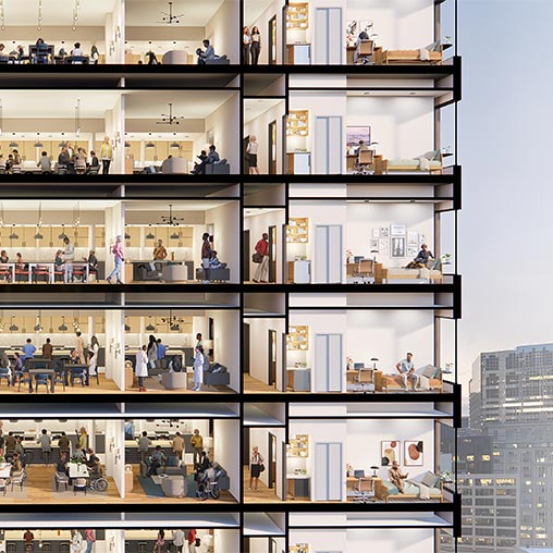 Multiple groups of people are interacting in a sectional cutout of a residential building converted from an office building.