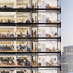 Multiple groups of people are interacting in a sectional cutout of a residential building converted from an office building.