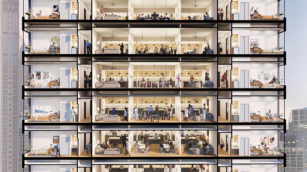 Multiple groups of people are interacting in a sectional cutout of a residential building converted from an office building.