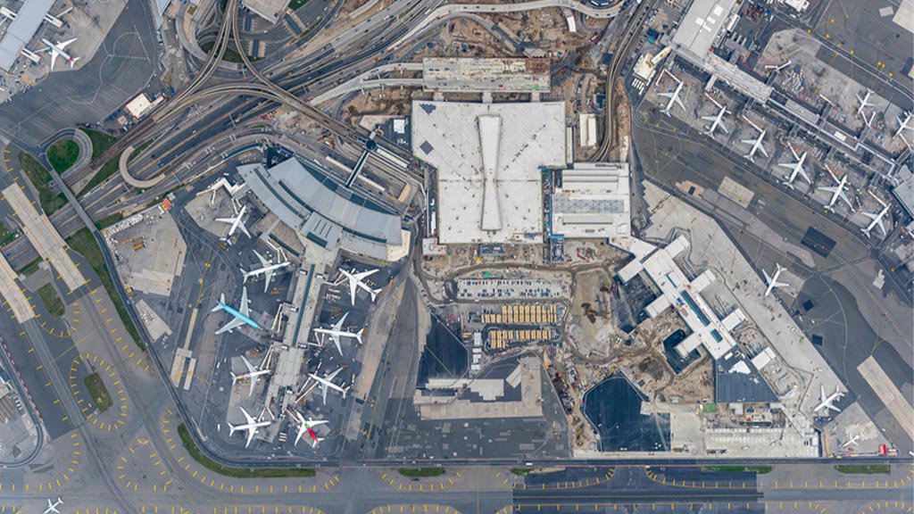 Aerial capture of the butterfly-inspired terminal one design by Gensler.