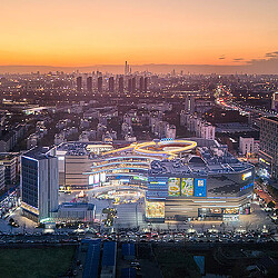 A city with a large building in the middle.