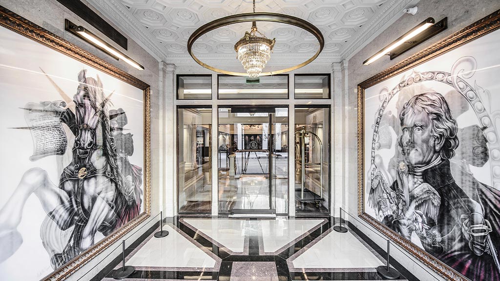 A room with art on the walls.