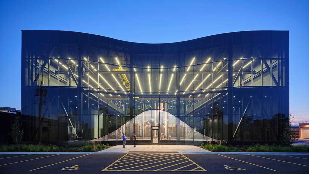 The glass facade of the Ironworker's Training Center.