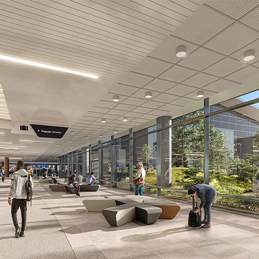 Rendering of people walking in the terminal looking out to the terrace.