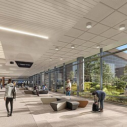 Rendering of people walking in the terminal looking out to the terrace.