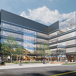 A large building with glass windows.