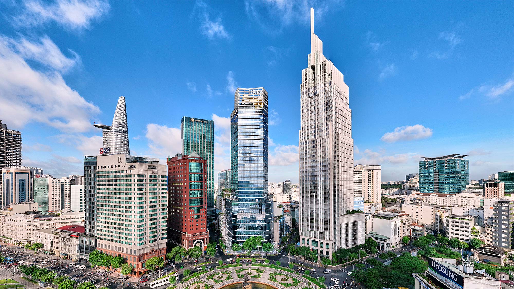 A city with tall buildings.