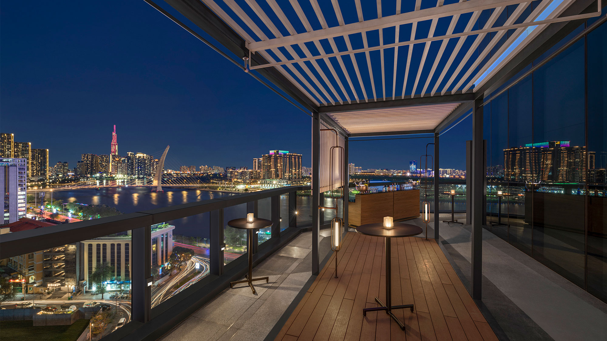 A view of a city from a balcony.