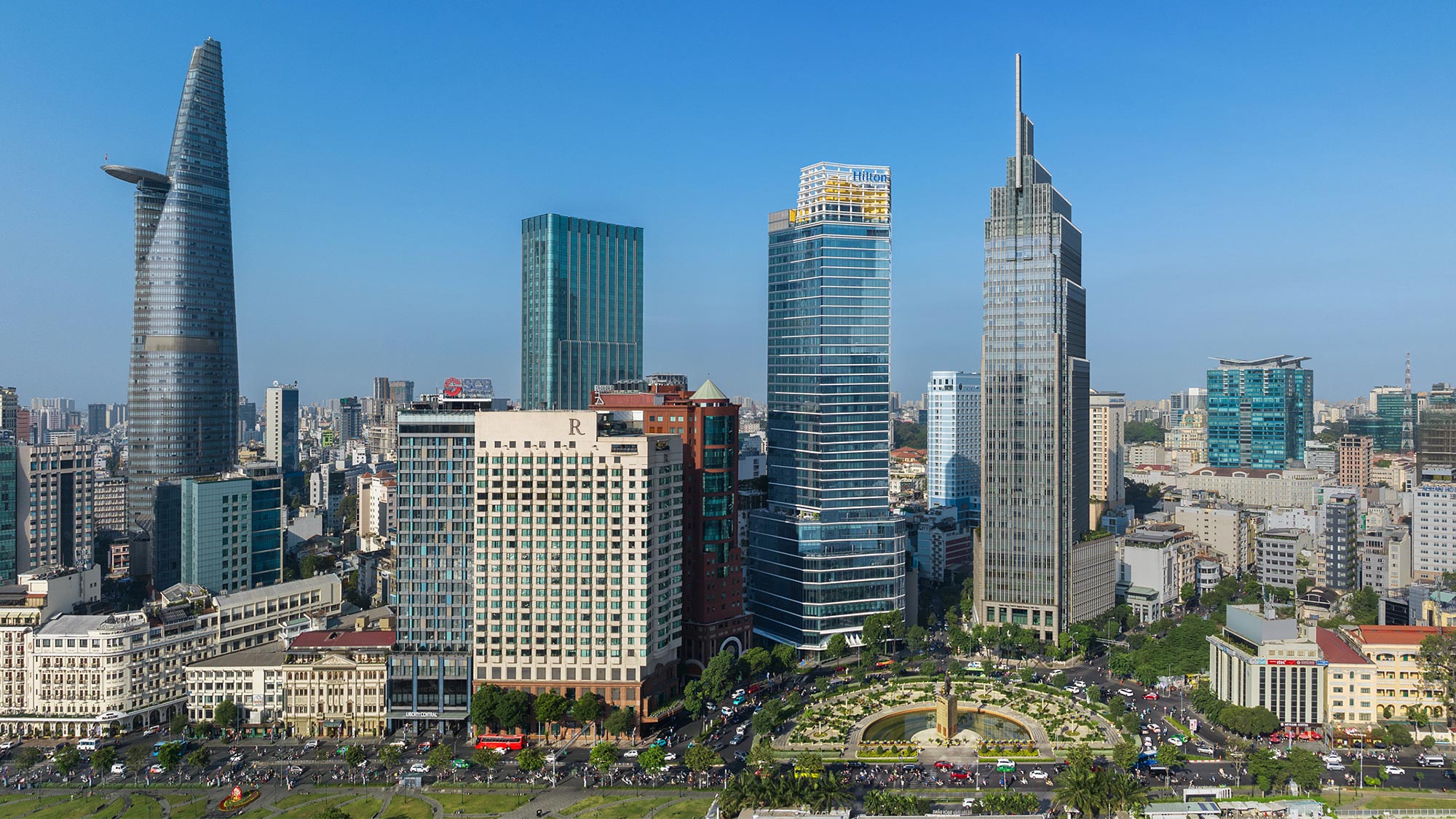 A city with tall buildings.