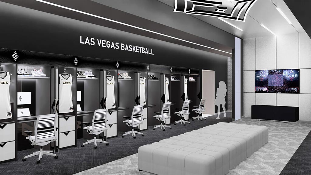 Gensler's rendering of the Las vegas women's locker room design, credited to Tradeline.