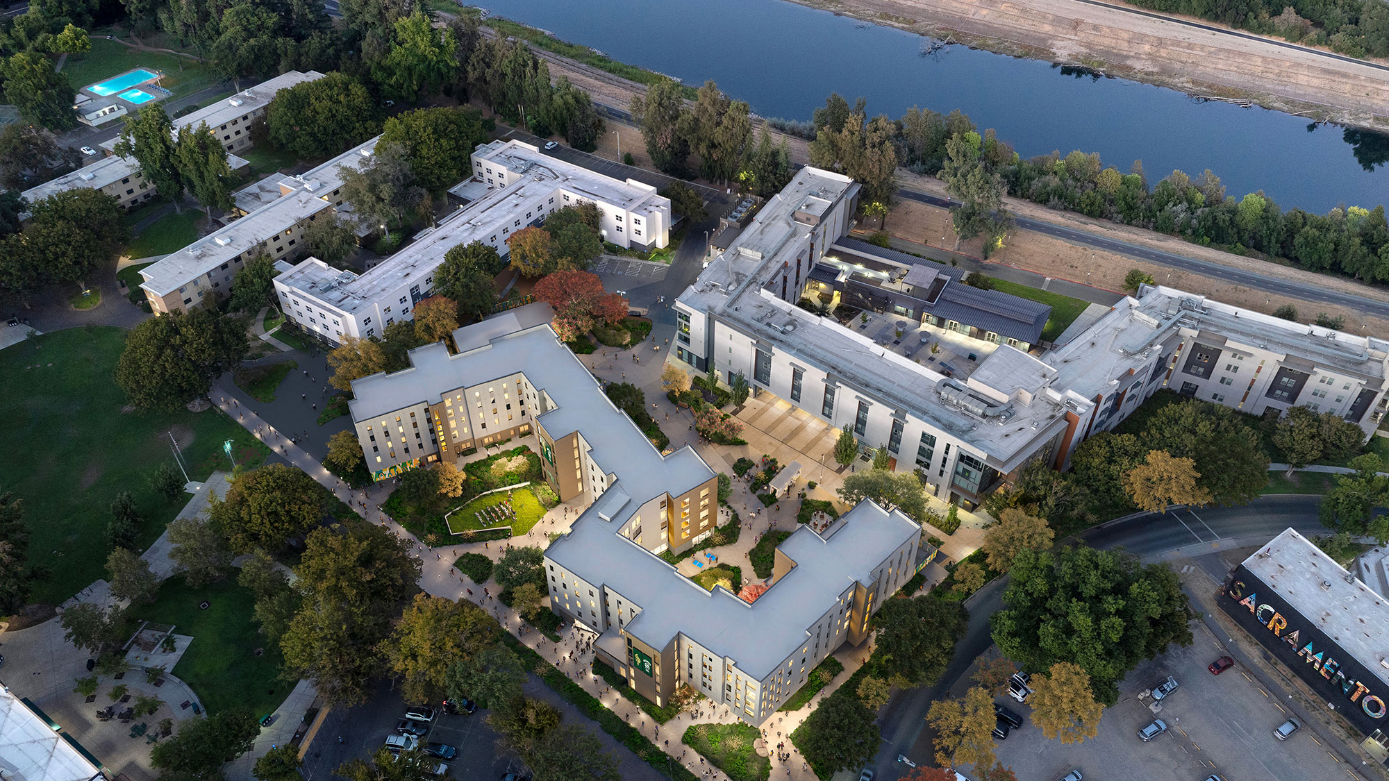 Aerial view of a large building.