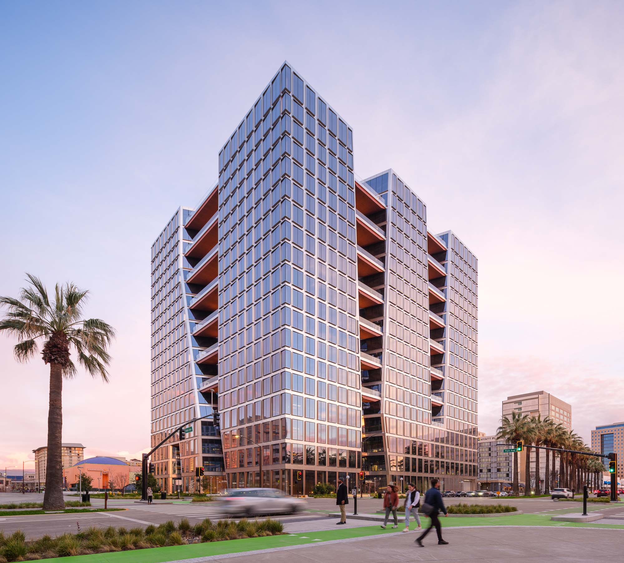 A tall building with many windows.