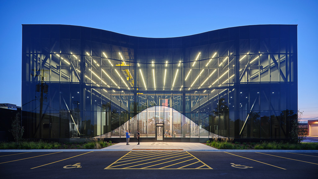 A building with glass windows.