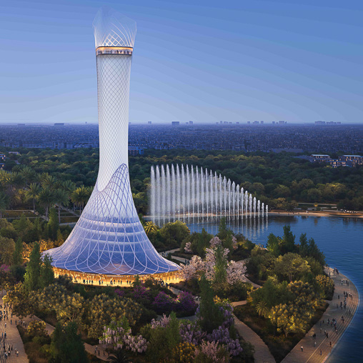 A tall tower with a pointed top.