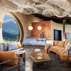 A living room with a large window.