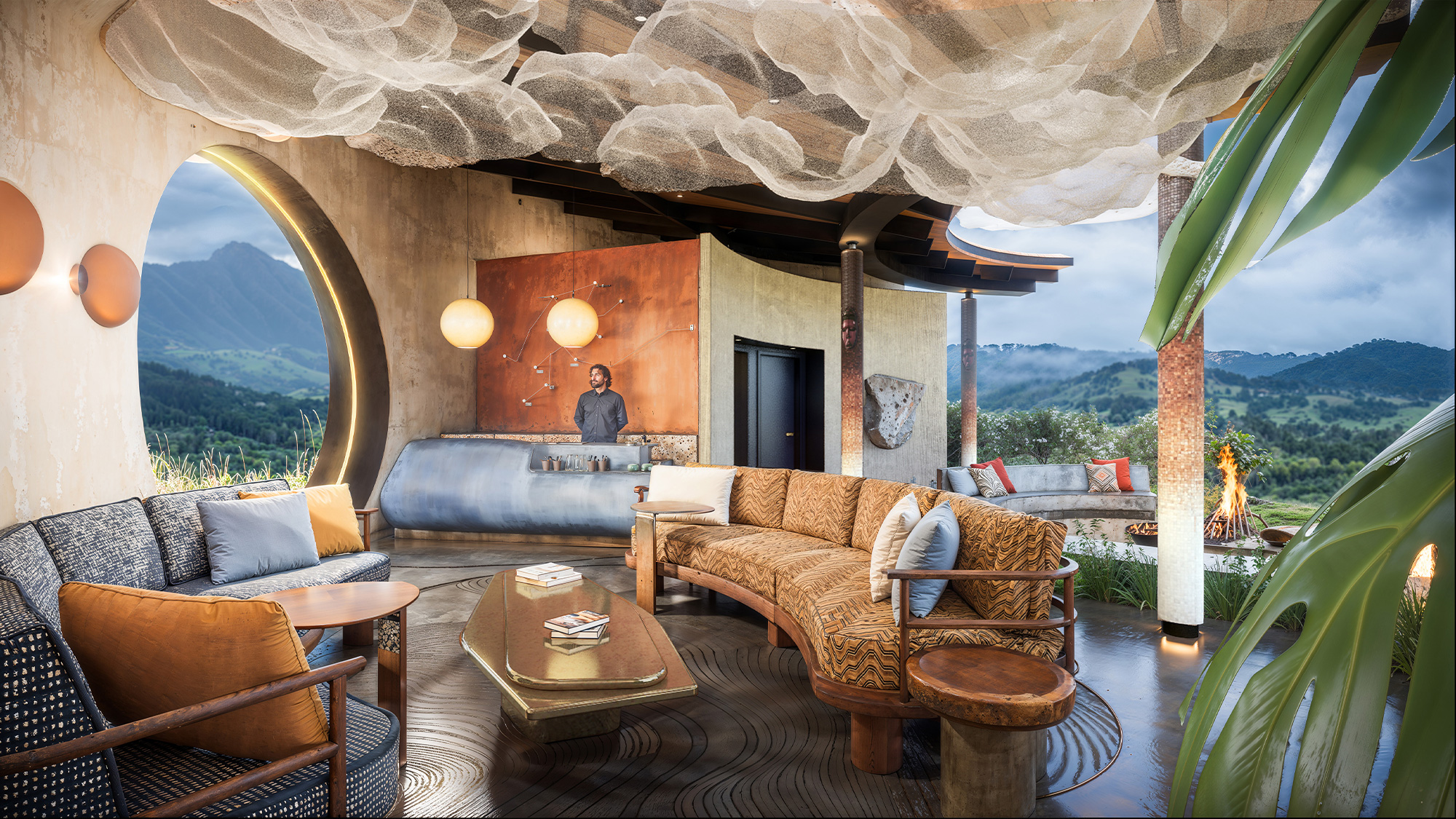 A living room with a covered patio.